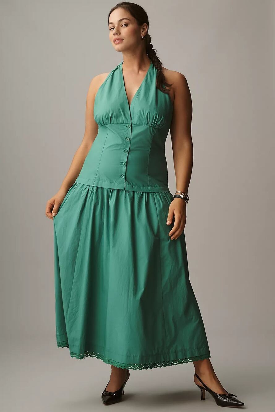 NWT Anthropologie Maeve Halter V-Neck Drop-Waist Midi Dress $178 PLUS 1X Green